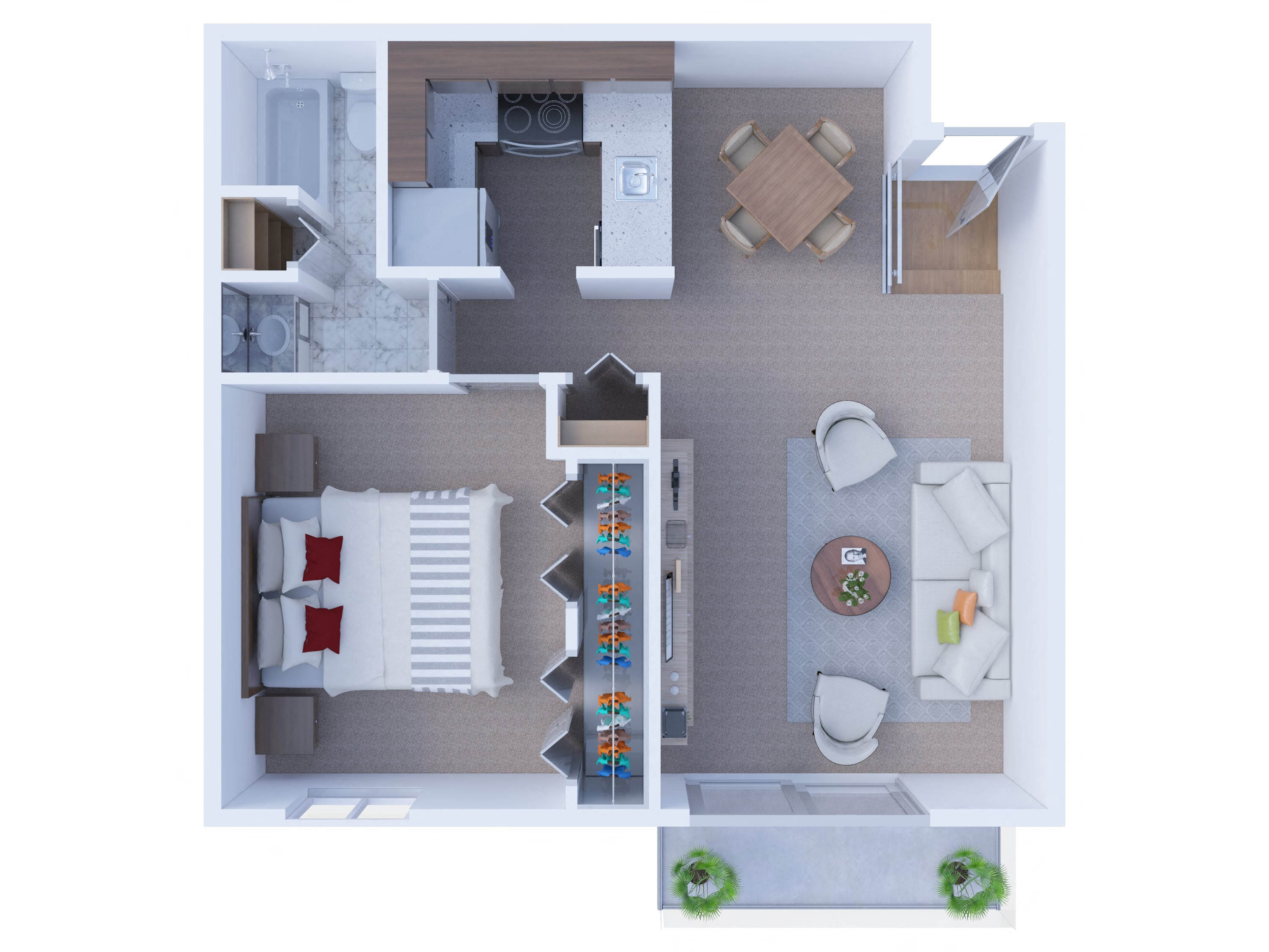 Floor plan for 1 bed, 1 bath, 686 sqft